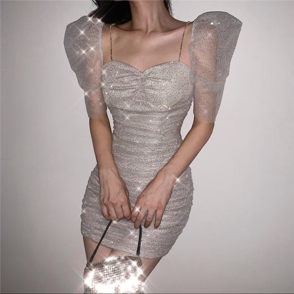 SHIMMERY PUFF SLEEVE MESH BODYCON MINI DRESS - Picture 2 of 6
